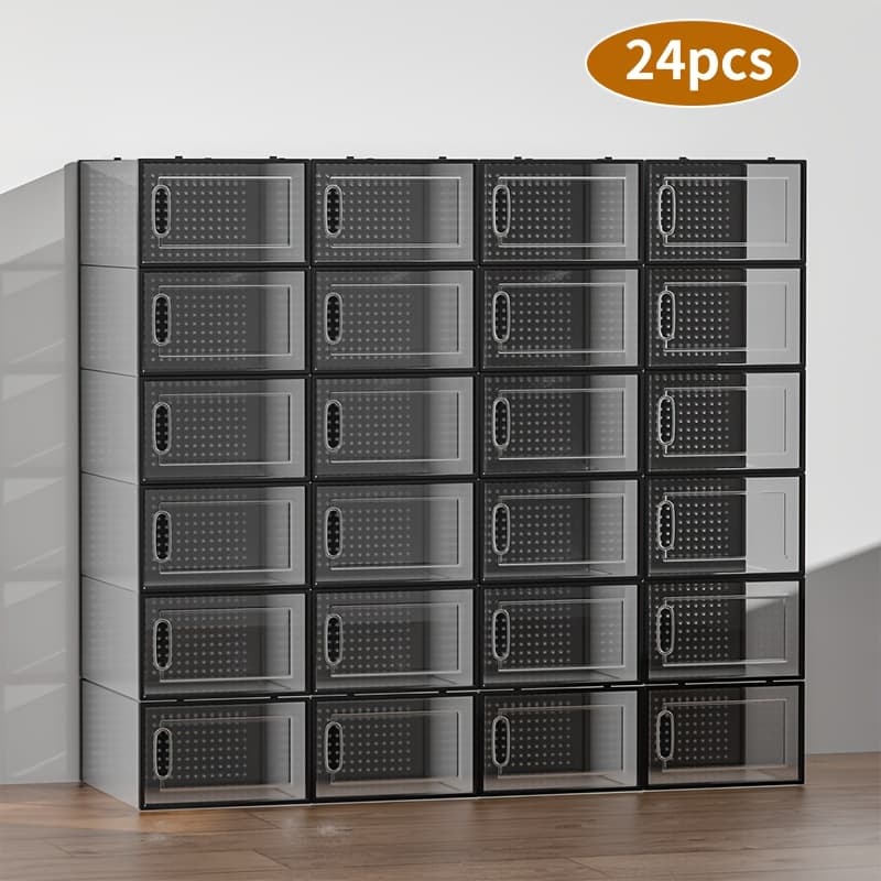 TEMU Shoe Storage Boxes Organizers For Closet 6/12/24 Pack, Clear Plastic Stackable Sneaker Containers For Entryway, Space Saving Shoe Rack, Substitute For Drawer Organize Unit, Brown