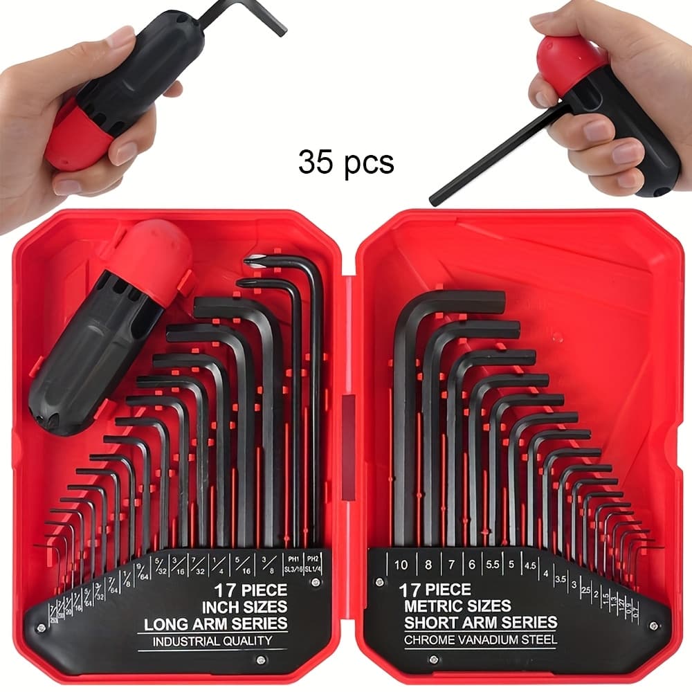 TEMU 35pcs Premium Hex Key Allen Wrench Set, Sae And Metric Assortment, L Shape, Chrome Vanadium Steel, Precise Chamfered Tips | Mm(0.7mm-10mm) Sae(0.028"-3/8) In Storage Case
