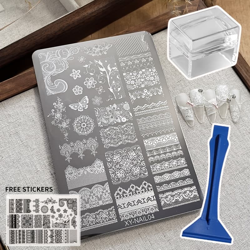 TEMU Set Of 3 Nail Plates With Stamper And Scraper Tool, Perfect For Bow, Lace, And Flower Stamping Templates, For Versatile Salon Nail Designs