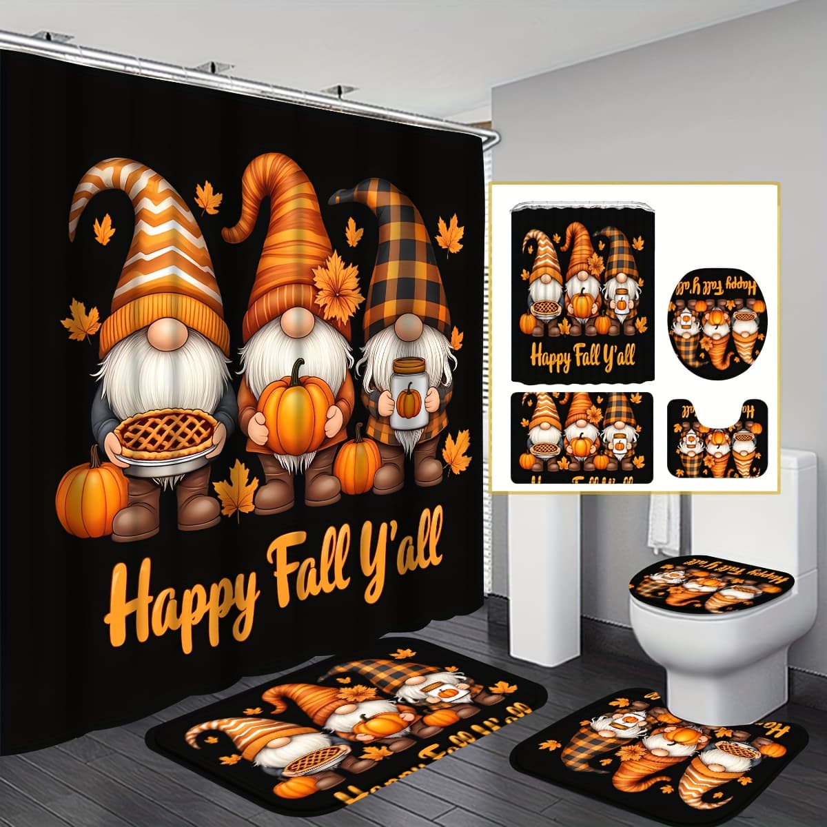TEMU 4pcs/1pc Happy Fall Shower Curtain Set, Fall Bathroom Curtain Set With 12 Hooks Included Non-slip Bathroom Rug, Toilet Mat, Toilet Lid Cover, Fashion Bathroom Accessories Thanksgiving Gift