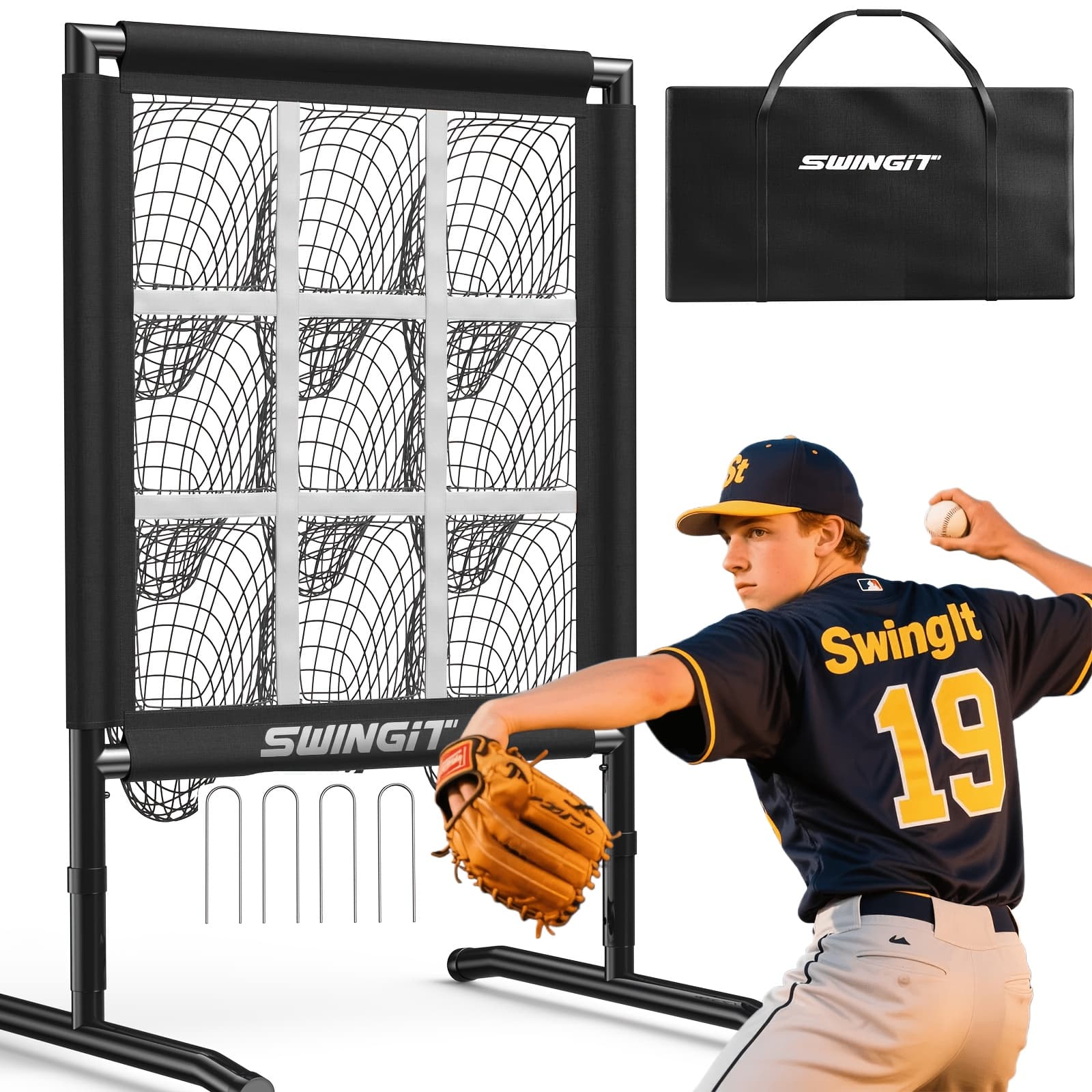TEMU Portable Baseball Net Featuring 9 Pockets For Pitching Practice, Complete With Adjustable Targets And A Carry Bag, Suitable For Pitchers Of Any