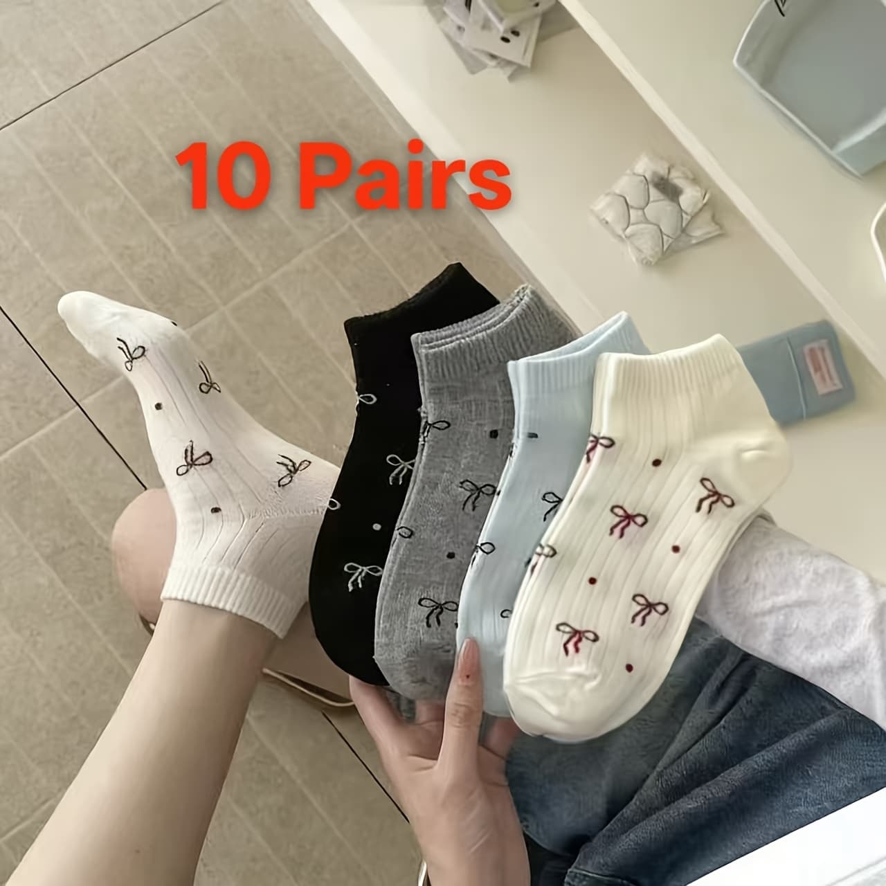 TEMU 10 Pairs Polka Dot Bow Socks, Sweet Girly Breathable Soft Casual Versatile Socks