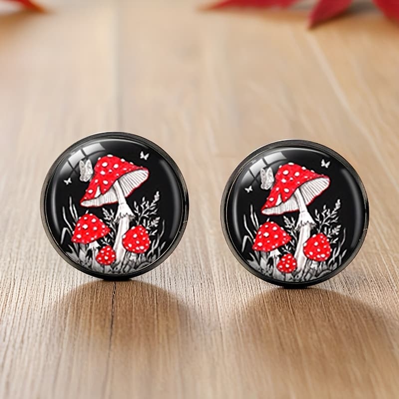 TEMU 1 Pair Mushroom Black Stud Earring Round Glass Cabochon Earrings Handmade Jewelry