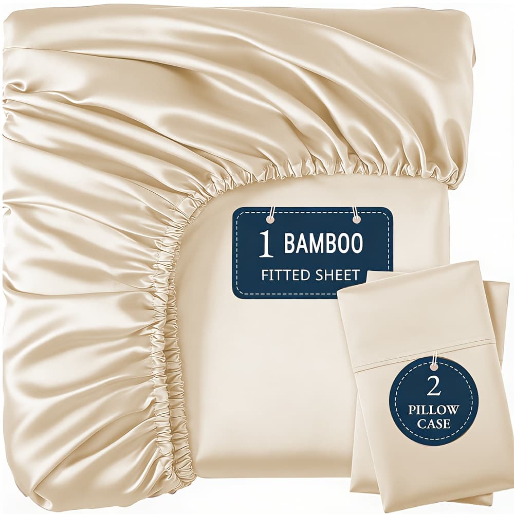TEMU [luxury Cooling Sets] 3pcs Satin Bed Sheets Sets, Queen Size, Smooth And Soft For Hair And Light Beige, Breathable, Extra Thick With 21" Deep Pocket, For All Season, 1 Fitted Sheet, 2 Pillowcase
