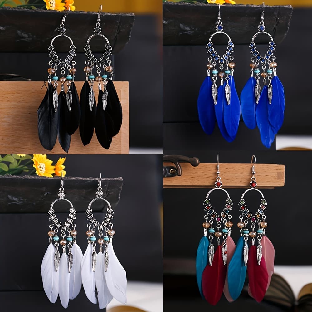 TEMU 4 Pairs Of Long Tassel Style Feather Style Women's Earrings, Bohemian Ethnic Style Women's Earrings, Fashion Jewelry Accessories
