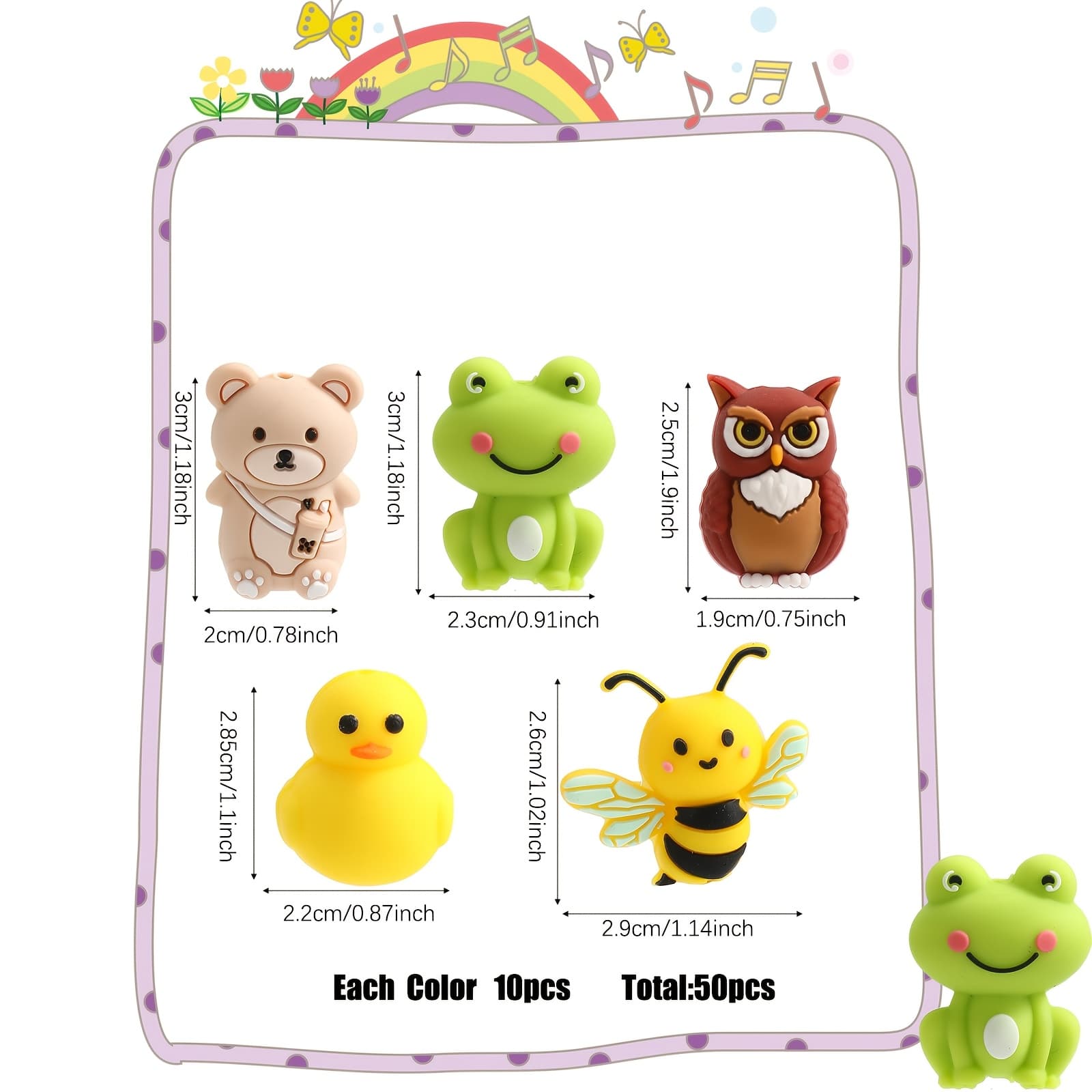 TEMU 50pcs 3d Silicone Bead Set - Bee, Bear, Owl, Frog, Duck Shapes For , Keychains, And Phone Pendants Handmade Kit