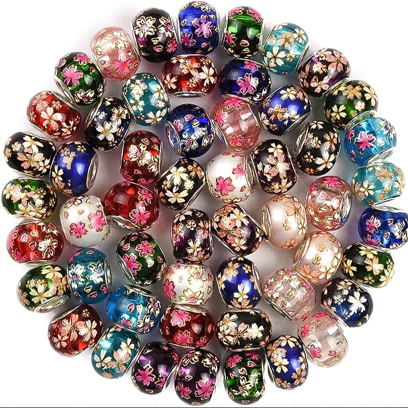 TEMU 50 Beads Suitable For Making-large Holes, Colored Flowers And -ideal For Bracelets, Necklaces And Craft Items, Jewelry Making Supplies, Necklace Crafting, Floral Patterns, , Durable