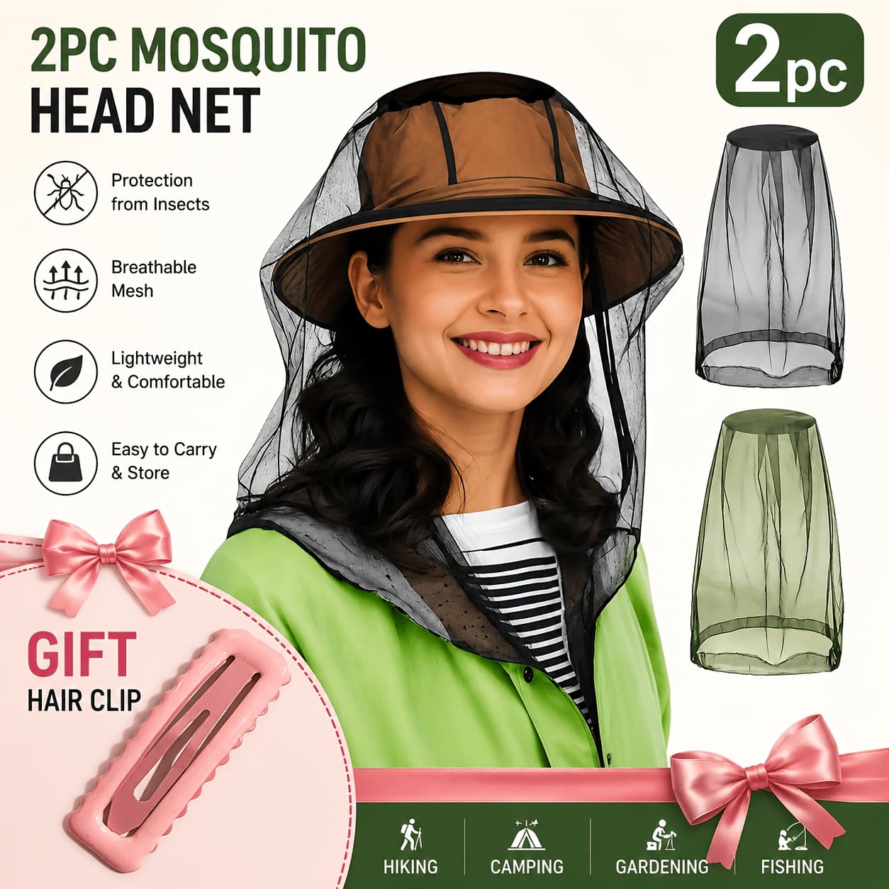TEMU 2pcs Oversized Mosquito Net Featuring Mask Attachments - Reinforced Insect Mesh, Delicate Fabric, Compatible With Hats/headgear, Ideal For Fishing, Hunting, And Protection Against West Nile And