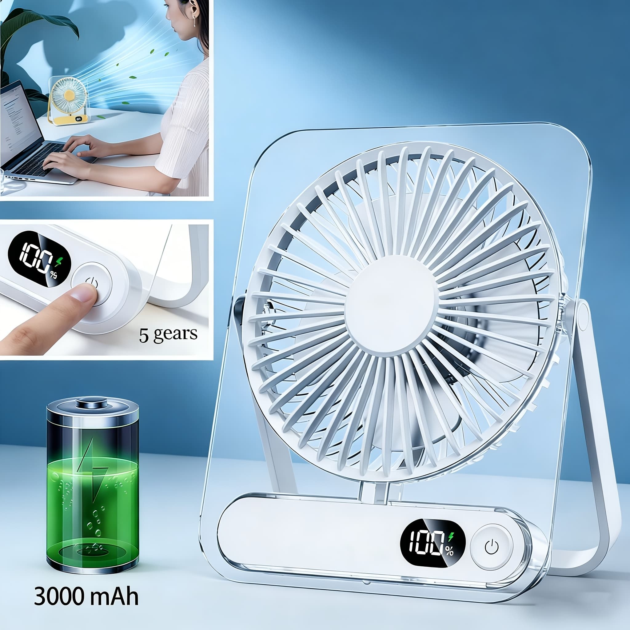 TEMU Portable Usb Desktop Fan With 3000 Mah Battery - , 5 , 180° Adjustable And Foldable Design, Display, Suitable For Home, Office And Travel Use, Comparable To Air Conditioning, For Road Trips