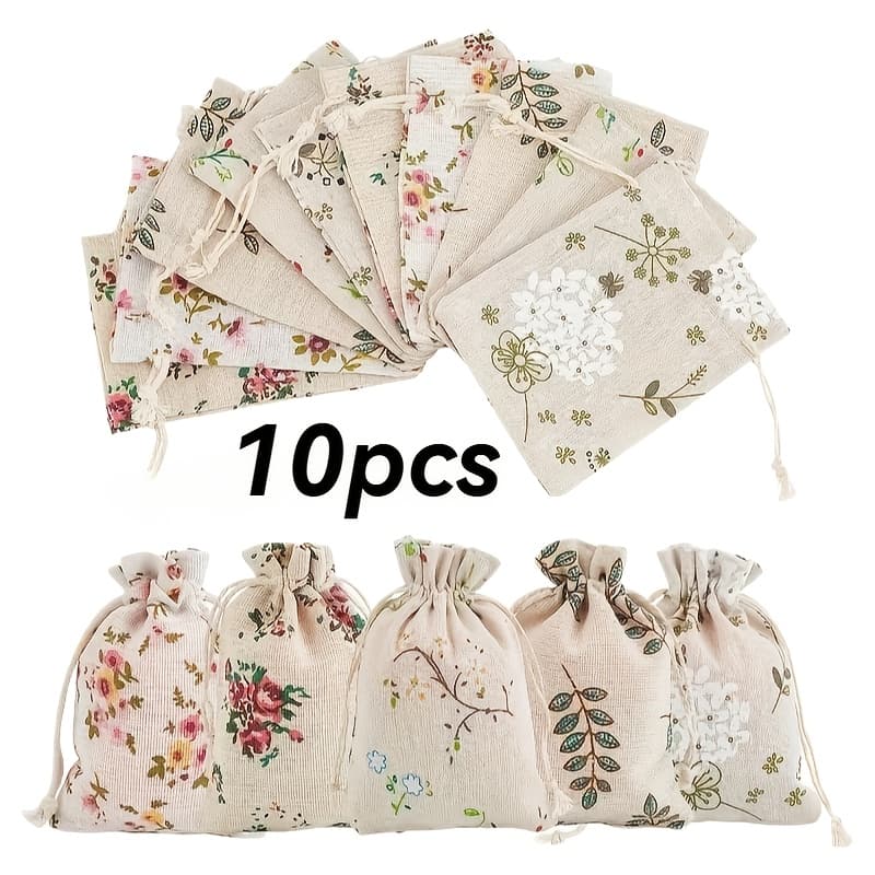 TEMU 10pcs Rustic Floral Printed Linen Drawstring Gift Bag-natural Drawstring Bag, Suitable For Jewelry, Candy, Cosmetics And Small Gifts-high Quality Storage Bag
