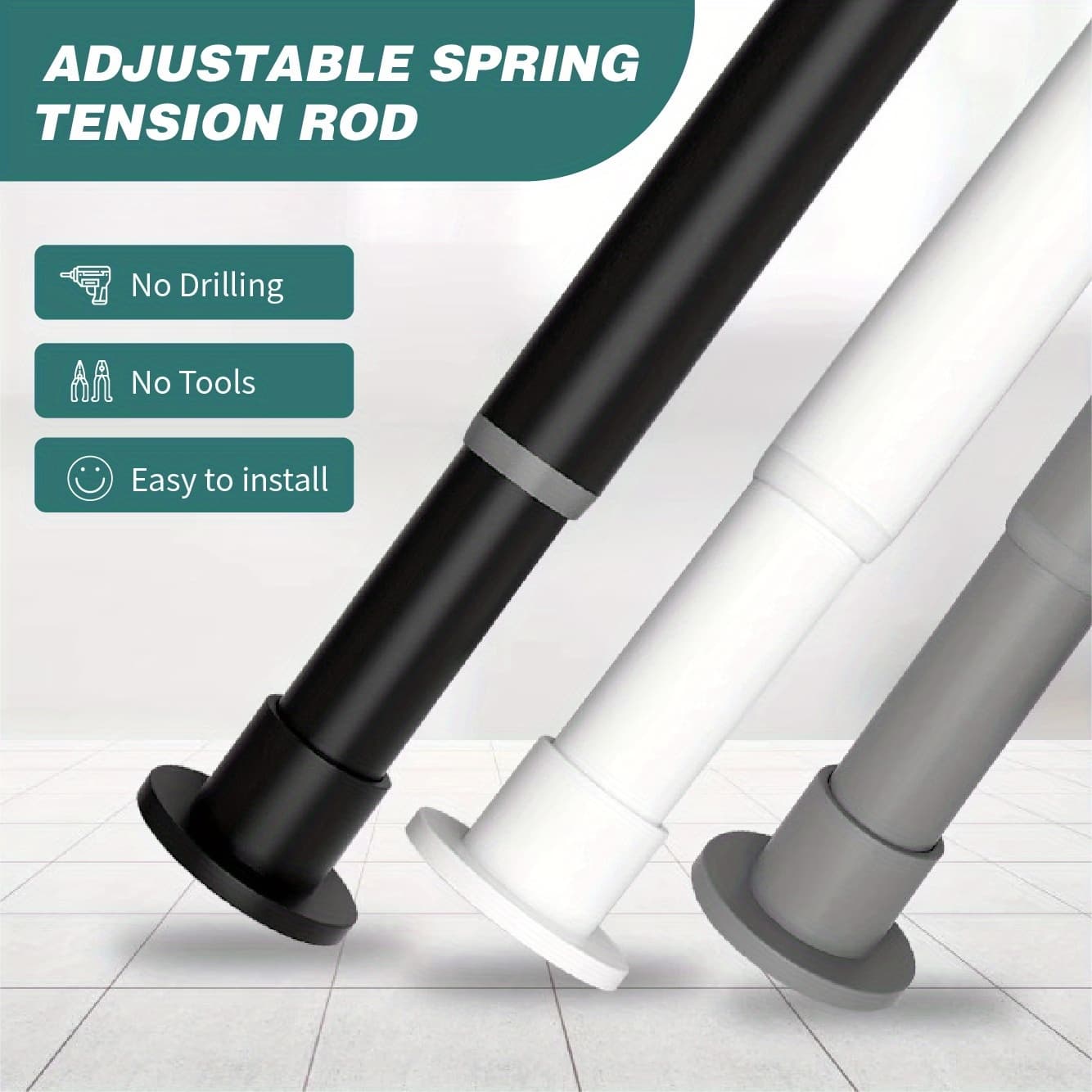 TEMU 1 Inch Diameter Adjustable Tension Curtain Rod, -72 Inch Heavy Duty Metal Spring Rod, Extra Sturdy For Shower, Closet, No Tools Installation