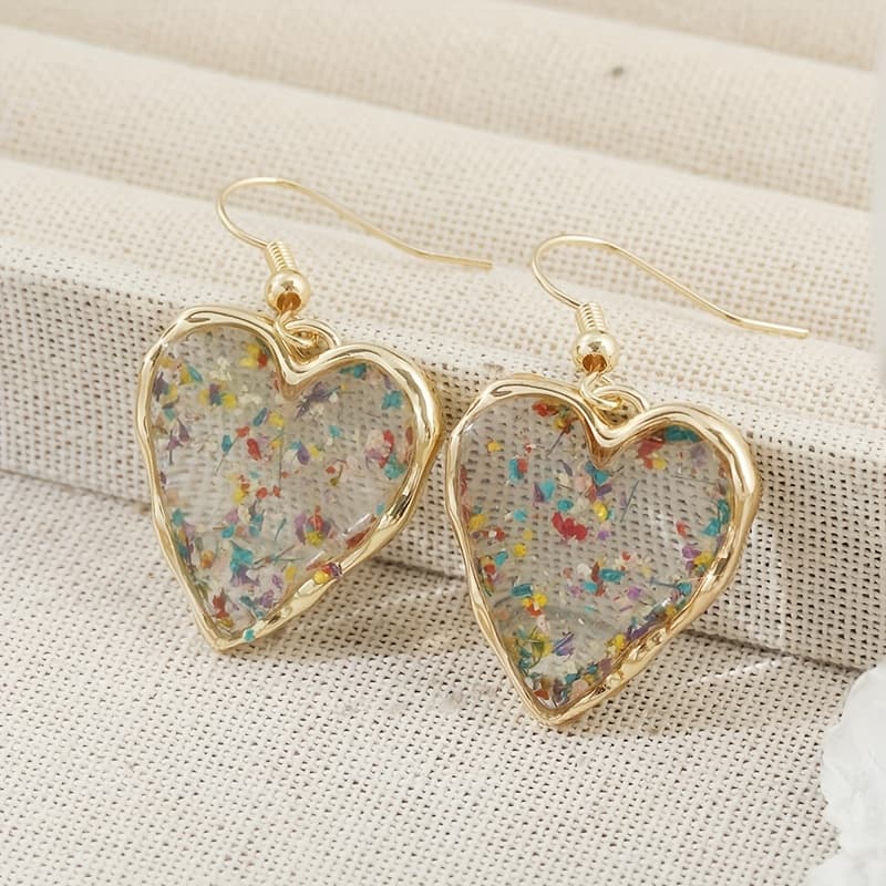 TEMU Handmade Pressed Flower Resin Earrings, Heart Confetti Dangle Jewelry, Flower Earrings, Resin Earrings, Flower Resin Drop Earrings