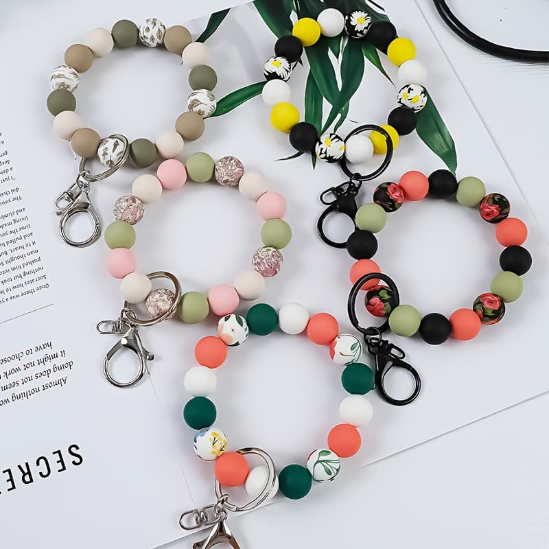 TEMU 5pcs/set Flower Print Bead Silicone Bead Bead Wrist Women's Key Ring Bag Accessories Pendant Keychain Gift For Holiday Gift