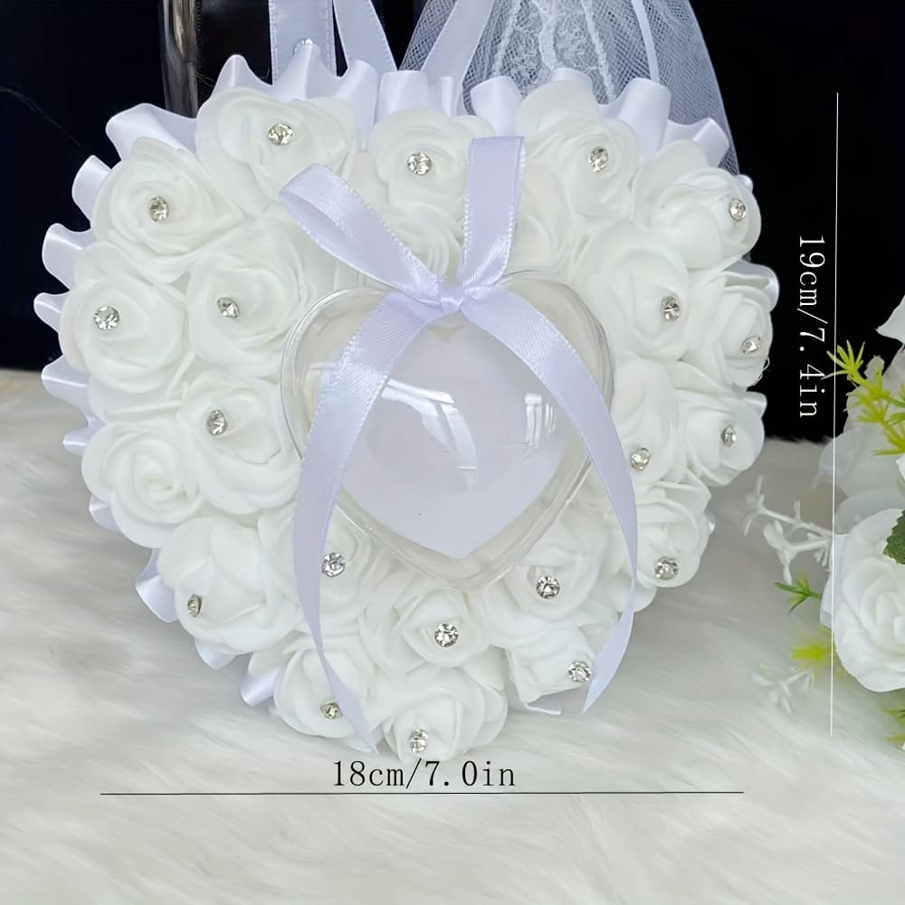 TEMU 1pc White Heart-shaped Wedding Ring Pillow Holder - Elegant With Accents, Durable Pe Material, Hanging Ornament For Weddings, Valentine's Day, Day Gifts (no Rings Included)