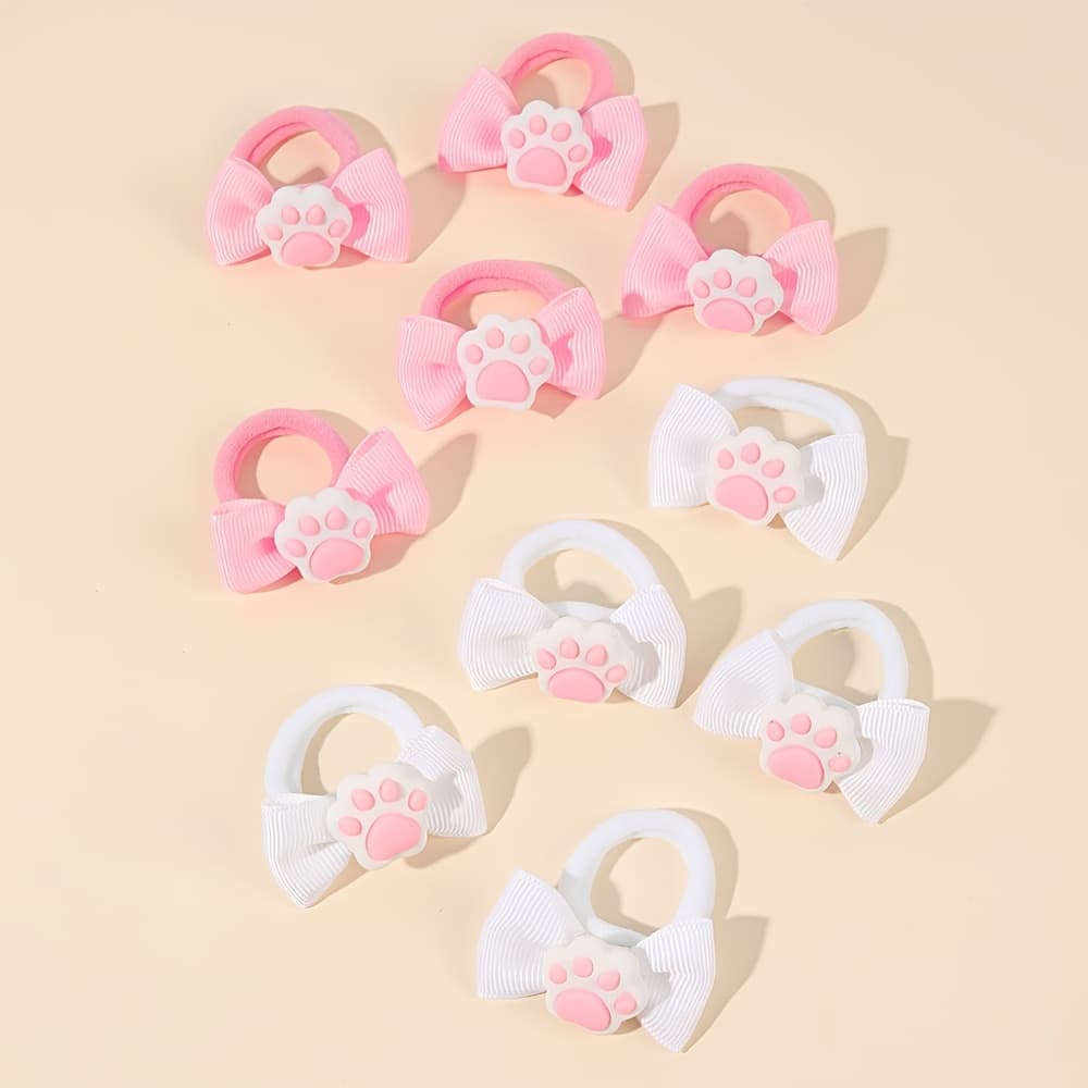 TEMU Set Of 10 Hair Ties Featuring Cat Paw Designs, Made From Mini Nylon Rubber Bands With Bows, Perfect For Grooming And Dressing Up Dogs And Cats