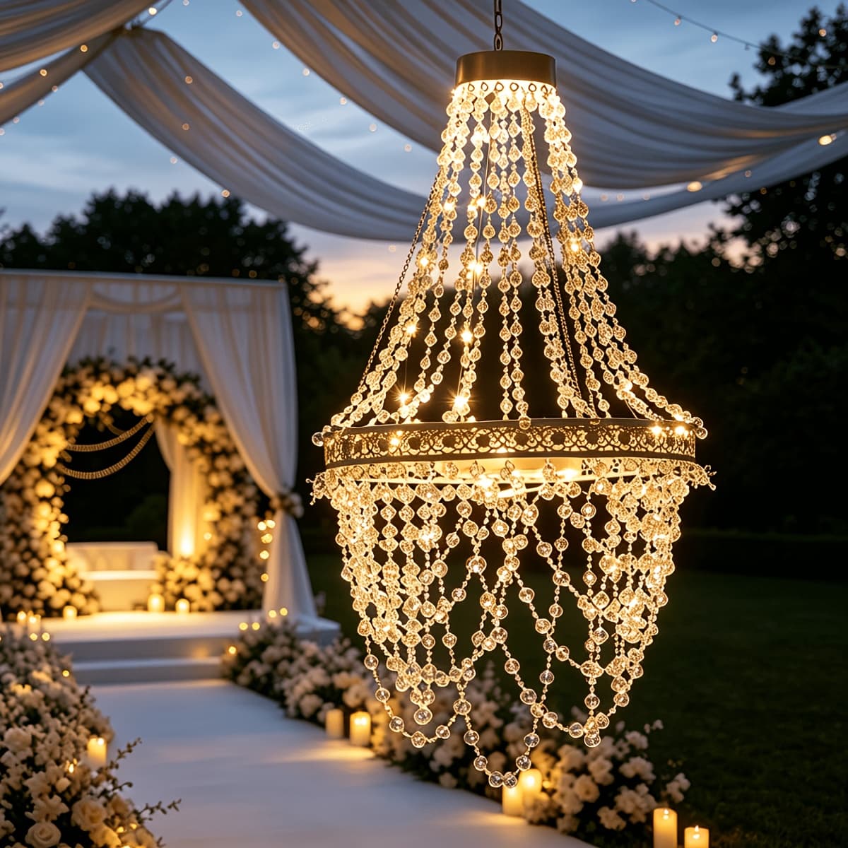 TEMU Solar Hanging Crystal Chandelier | Outdoor Garden Decorative Lights With 54 Warm White Leds, Waterproof, Lithium Battery Powered, For Garden, Yard, Patio, Gazebo, Party, Wedding