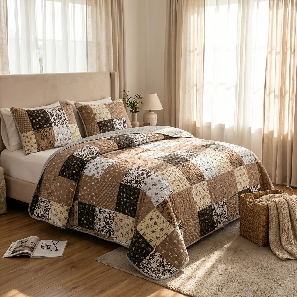 TEMU 3pcss Rustic Quilt Set - 3pcs Reversible Brown Floral Bedspread, Lightweight Coverlet For King/queen Size Beds