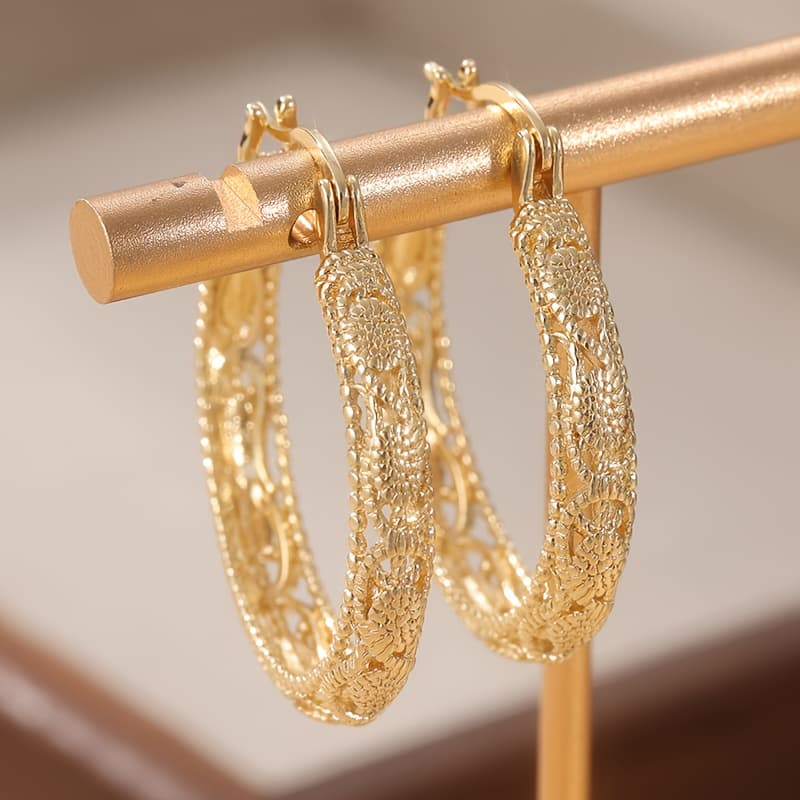 TEMU Classic : Golden Floral Hoop Earrings – Copper , Perfect For High-end Occasions & Parties, Jewelry Gift Accessories