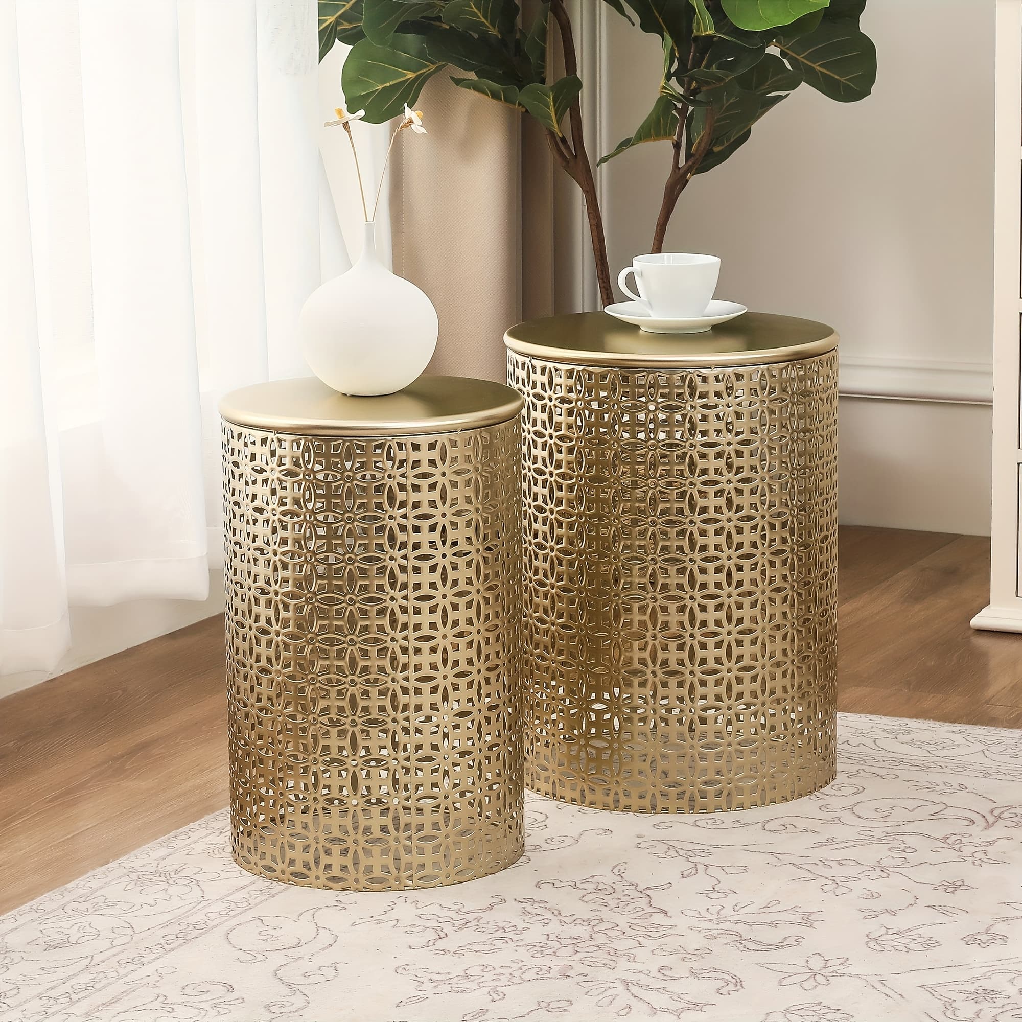 TEMU Set Of 2 Round Metal Accent Tables, Decorative End Tables & Nightstands, Indoor Outdoor Coffee Side Tables For Living Room, Bedroom, Or Patio