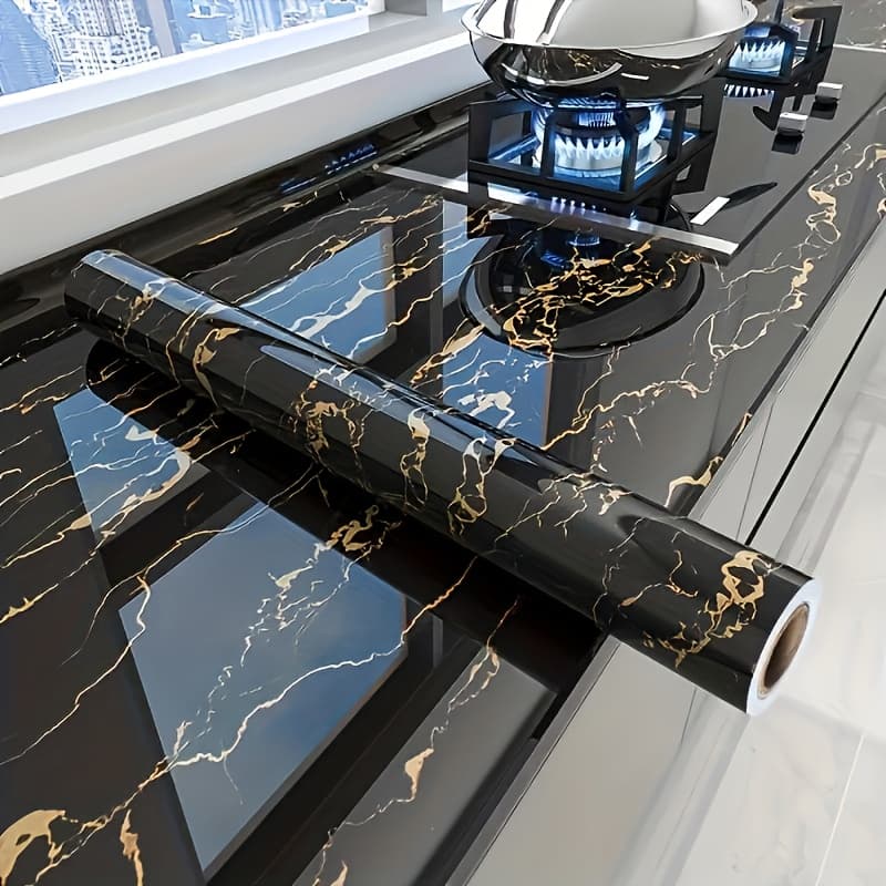 TEMU 1pc Wallpaper - Self-adhesive, Large Kitchen Backboard With Golden Patterns, Heat-resistant And Oil Resistant Self-adhesive Removable Pet Film, Glossy And Shiny Surface