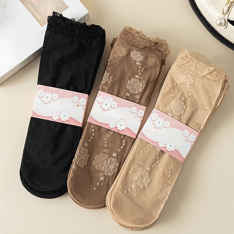 TEMU 3 Pairs/6 Pairs Elegant Lace Women's Long Socks With Floral And Bow Patterns - Soft, Spring Ankle Socks, Breathable Design