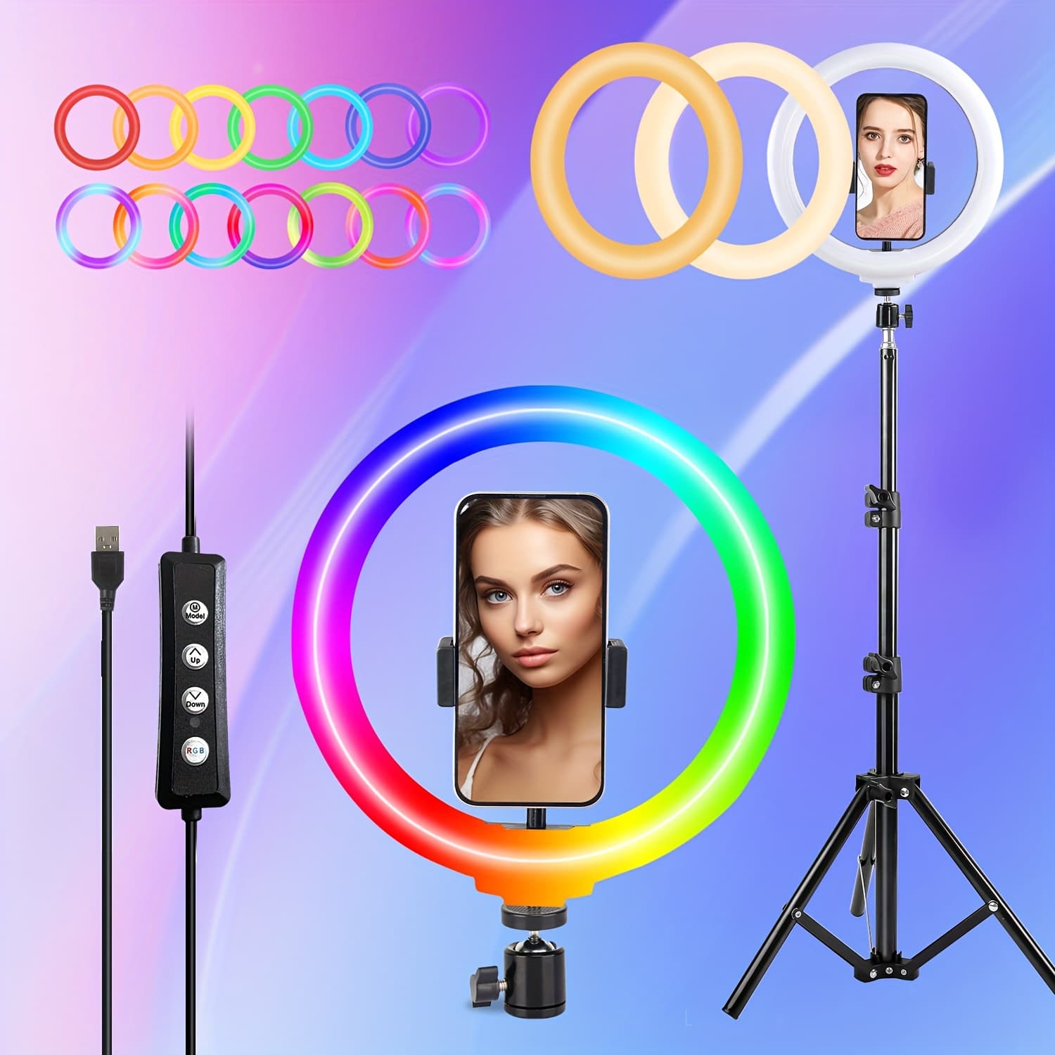 TEMU 10" Ring Light And Adjustable Stand With 2 Phone Holders - 38 Vibrant Color With Dimming/speed Control - Makeup, Photography, And Live