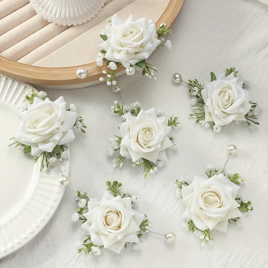 TEMU 6pcs Rose And White Baby's Breath Elegant Corsage Set For Bride And Groom, Wedding Decor, Evening Parties, And Anniversary Celebrations