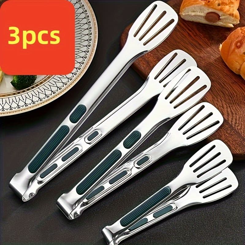 TEMU 3pcs Stainless Steel Kitchen Tongs Set For Cooking, Serving And Grilling - Non-slip Grip, Metal Food Tongs For Salads, Breads, Barbecues - Cookware And Kitchen Accessories
