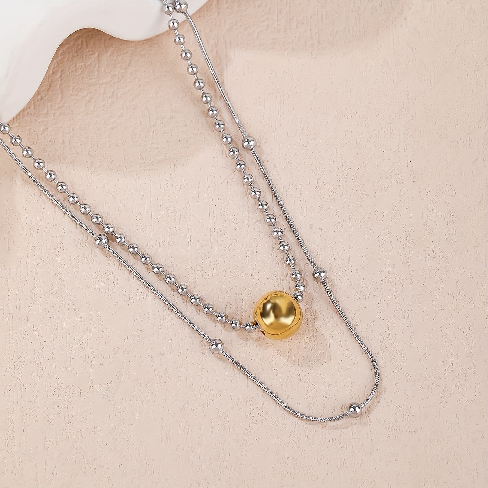 TEMU An Elegant Stainless Steel Necklace - Double-layer Design, Round Bead Pendant, Simple Finish, Suitable For Parties And Weddings