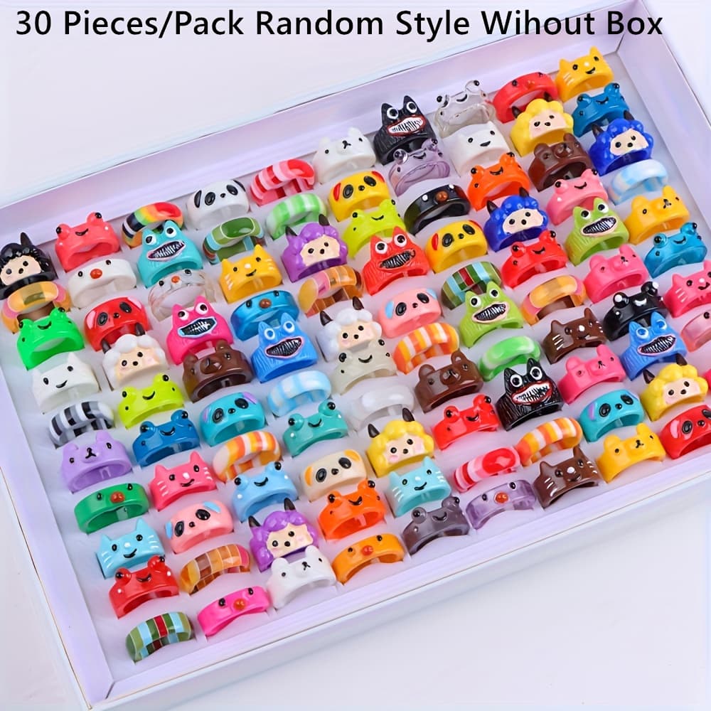 TEMU 30pcs/lot Colorful Cute Women Resin Ring Fashion Sweet Sheep Frog Finger Jewelry Party Gifts Random Style, Without Box