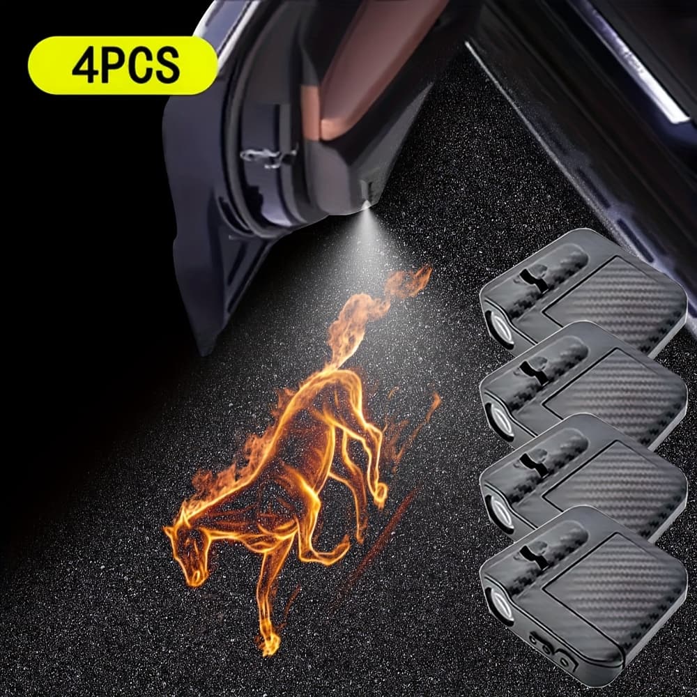 TEMU 4pcs Car Door 3d Flame Horse Led Projector - Vivid Led Lights For Cars, Bicycles, Etc., Battery Powered, , Car Decorative Lights | Decorative Flame Door Marker Lights