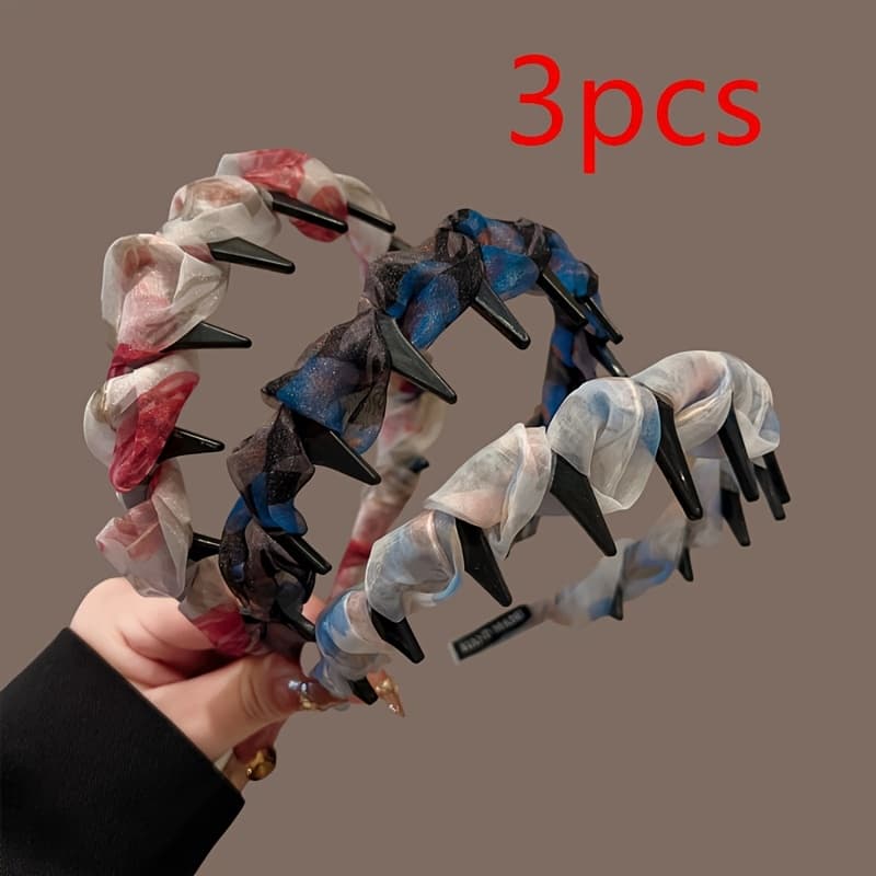 TEMU 3-pack Printed Pleated Mesh Headbands, Non-slip Wavy Tooth Comb Hairband, Versatile High Crown Elegant Hair Accessories