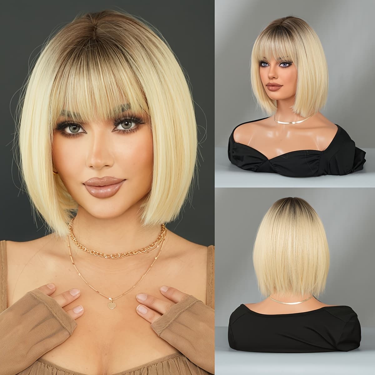 TEMU Routine Bob Wigs Short Straight Light Golden Wigs With Dark High Density Blonde Wigs For Women Daily Party Use Heat Resistant Synthetic Wigs 12 Inches