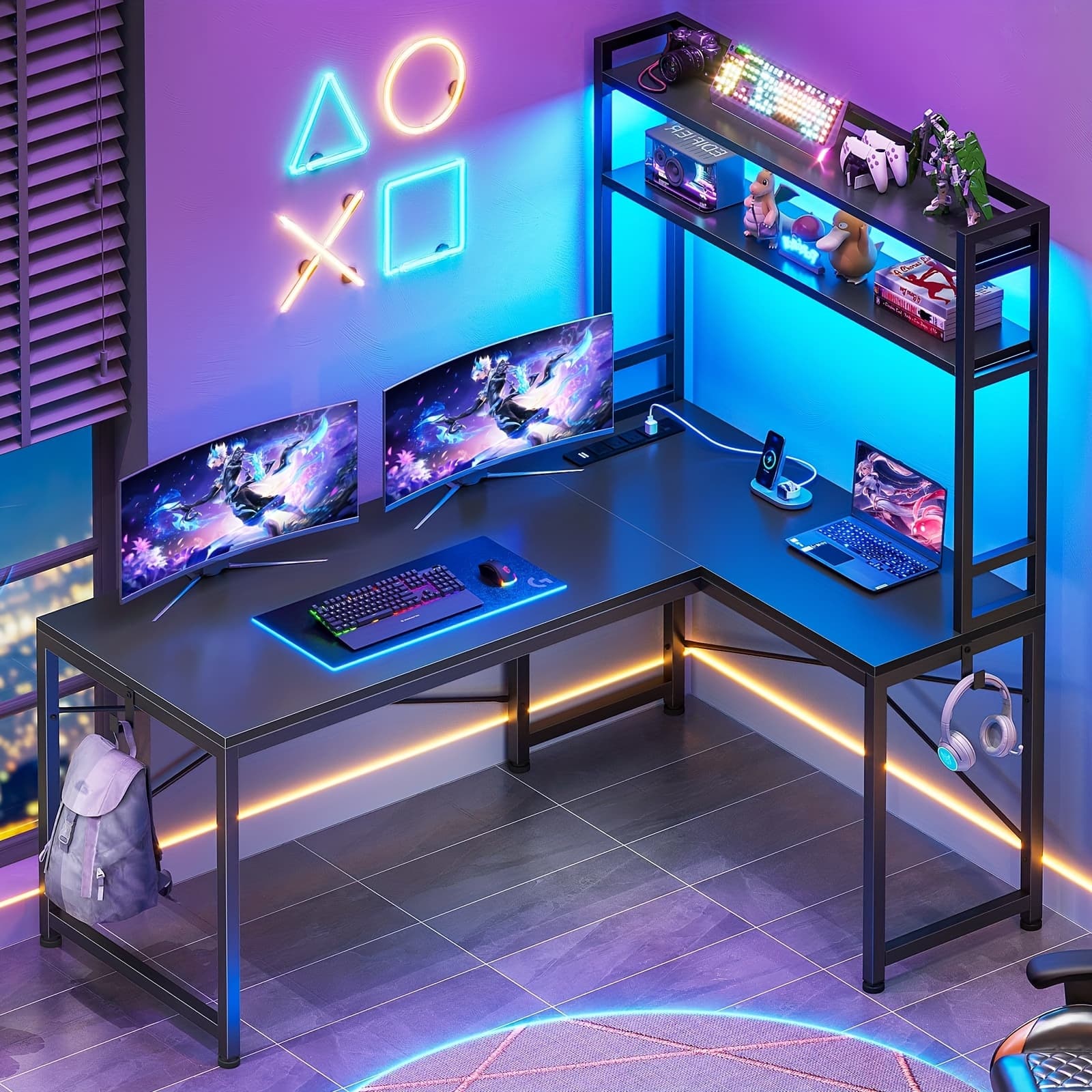 TEMU L Shaped Gaming Desk, Reversible 45.3" Small Desk In With Power Outlet And Led Lights, Corner Gaming Desk With Storage Shelves, Hooks And Hooks For Small Space, Black/brown/white/grey