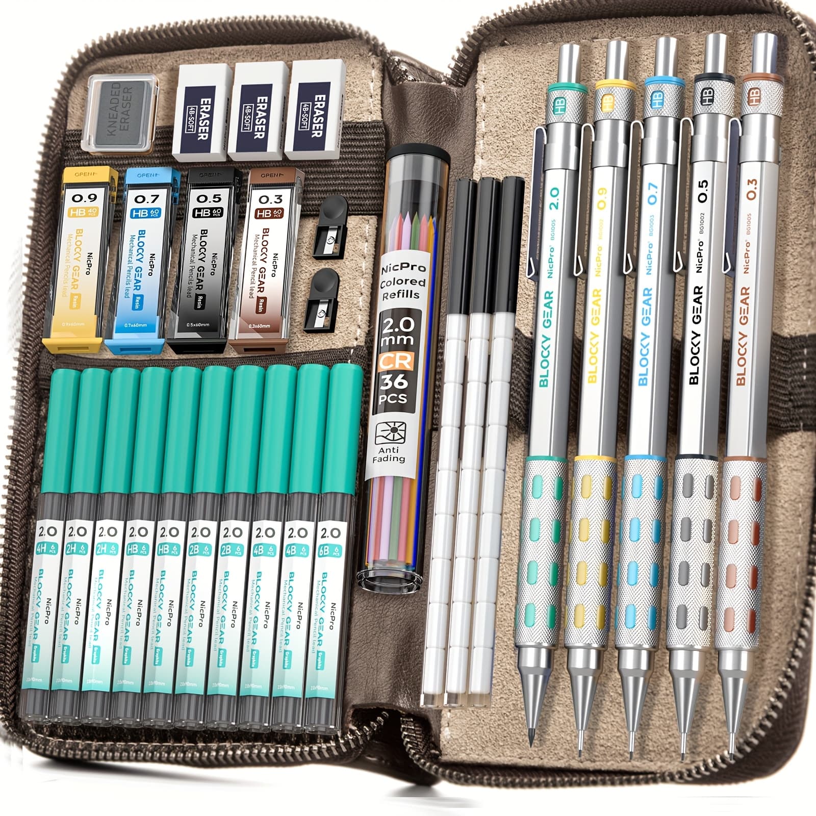 TEMU Gear Metal Mechanical Pencil Set In Leather Case, 40pcs Art Drafting Pencils 0.5, 0.7, 0.9 & 2mm Lead Pencil With Lead (hb 2h 4h 2b 4b 6b Color)