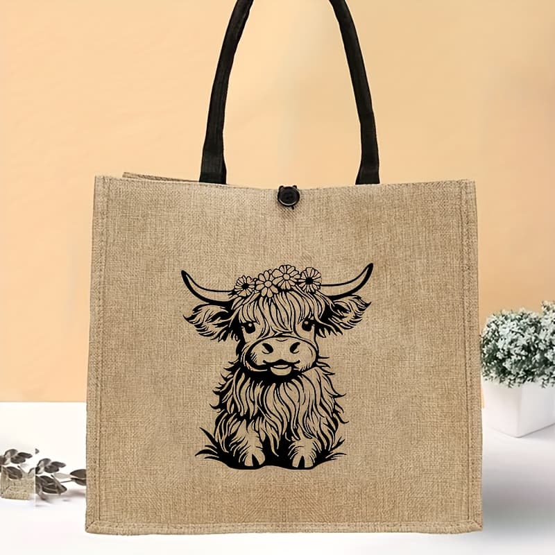 TEMU 1pc Stylish Khaki Cow Print Handbag With Inner Pocket - Durable Fabric, Fixed Shoulder Strap, Button Closure - Perfect For Shopping & Travel - Animal Theme,, Polyester Lining