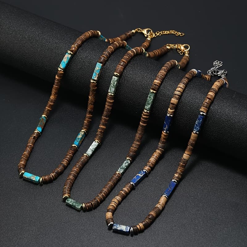TEMU 3pcs Classical Bohemian Necklace Jewelry, Ethnic Style Jewelry Brown Coconut Shell, Wooden Beads Natural Stone Necklace Jewelry For Men