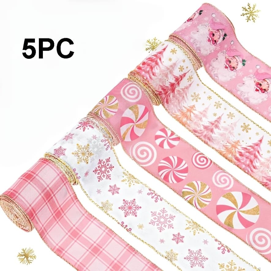 TEMU Set Of 5 Rolls Of Festive , 2.5 Inches Wide And 30 Yards Long, Featuring A Pink And White Plaid Design Perfect For Christmas Decorations, Including Of Santa Claus, , Snowflakes, And Candy Canes