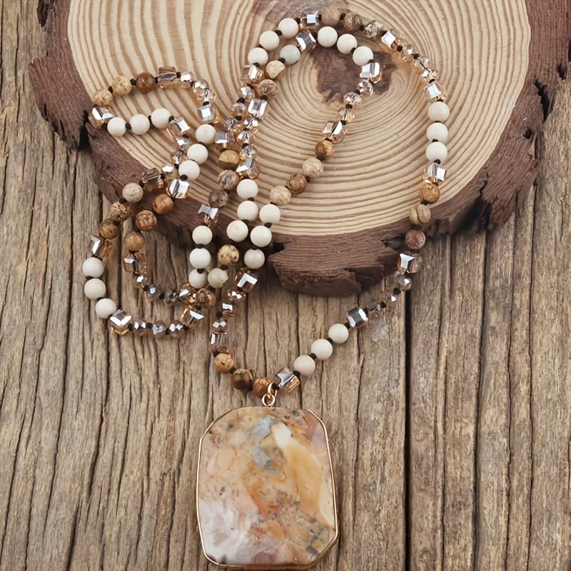 TEMU Bohemian Stone Beaded Pendant Necklace For Women - Bohemian Semi-precious Stone Crystal Mixed Necklace Square Pendant Sweater Chain- Boho Chic Daily & Gift Necklaces For All