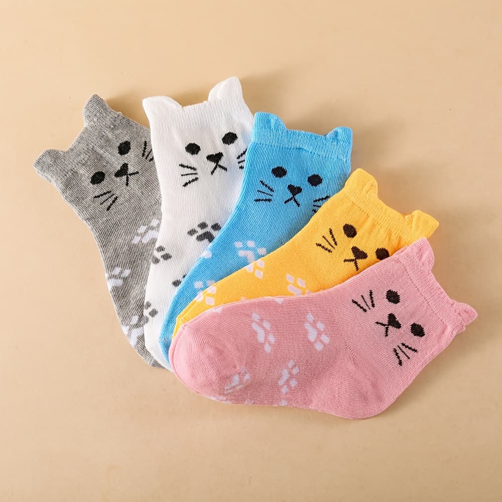 TEMU 5 Pairs Kids Cat Ear Crew Socks - Cute Kitten Ears With Paw Print & Patterns, Soft Socks For, , Themed Parties ( &) - - Wear 5-pair Pack