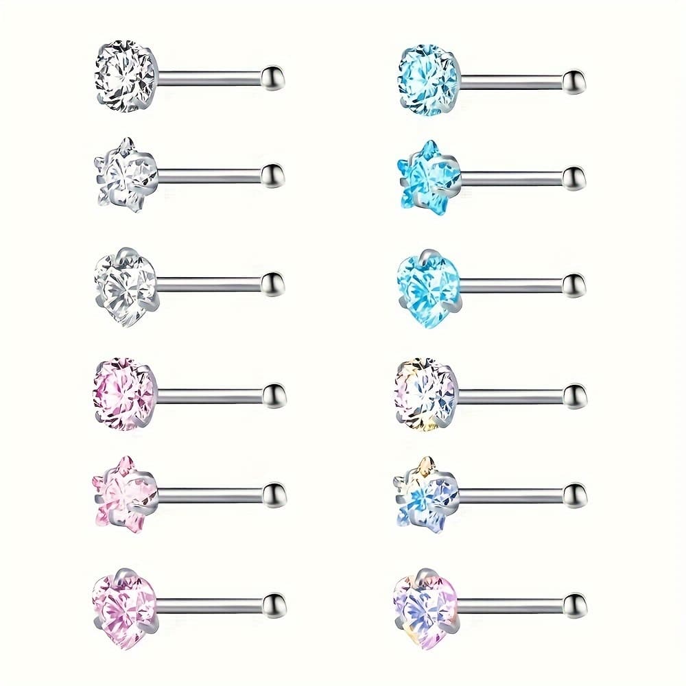 TEMU 20g Elegant & Cute Nose Studs Set Of 12, 316l Stainless Steel No Plating, 3mm Sparkling Zirconia Mosaic, Versatile Daily & Party Wear Jewelry For Men And Women