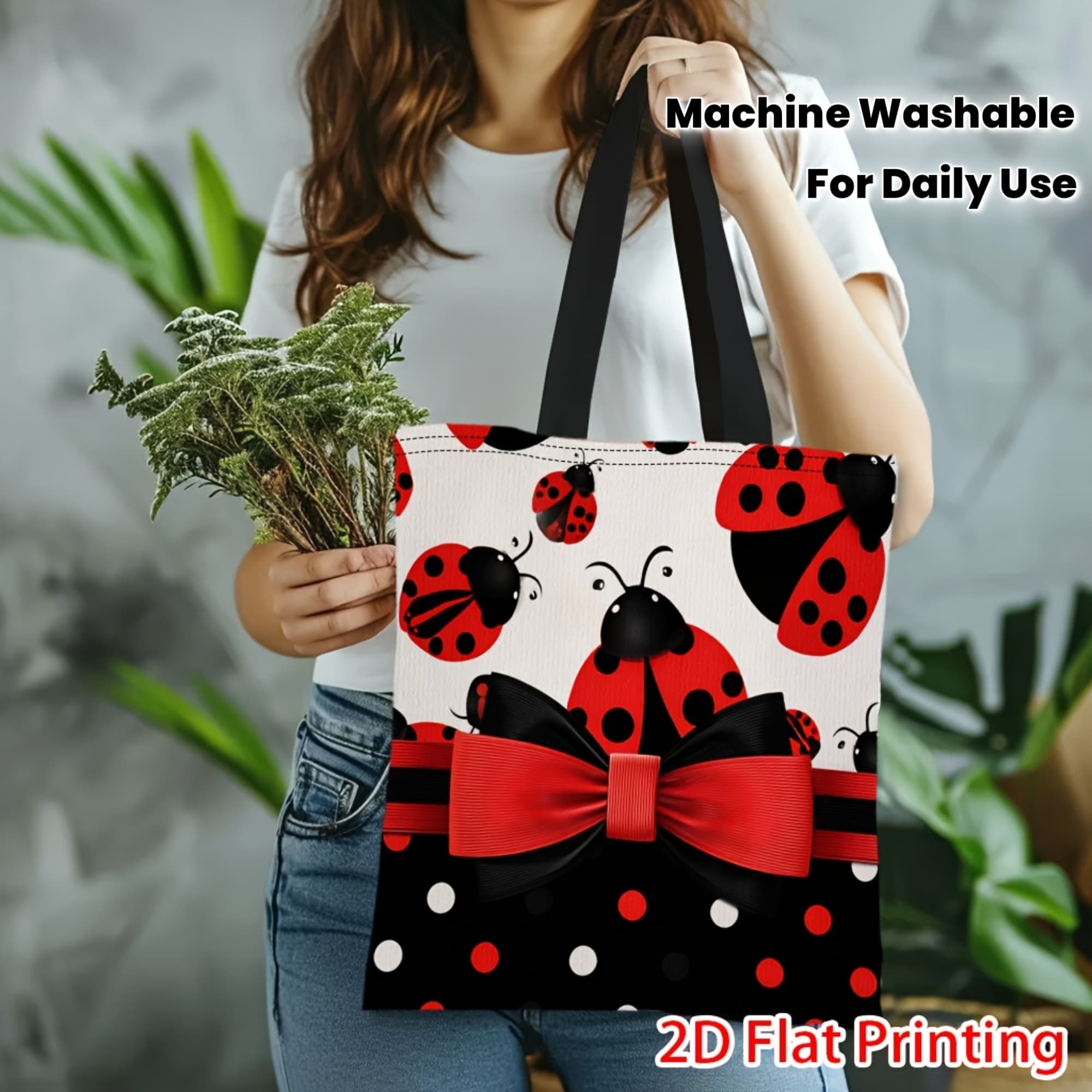 TEMU 1pc 2d Flat Printing Handbag With Red And Black Bowknot Design. This Durable Handbag Is Machine Washable, Lightweight, And Ideal For Daily Use Or As A Gift Bag