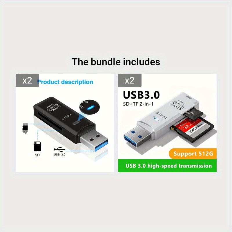 TEMU 2-in-1 Mini Usb 3.0 Card Reader - Sd//tf Memory Card Adapter For Pc & Laptop, Flash Drive Compatible