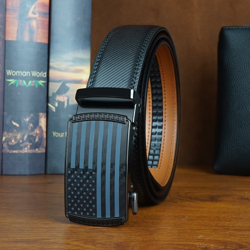 TEMU Elegant Men's Genuine Leather Belt With American Flag Automatic - Sleek Black And Brown Ratchet Design, Alloy Clasp, Perfect For Formal And Casual Wear