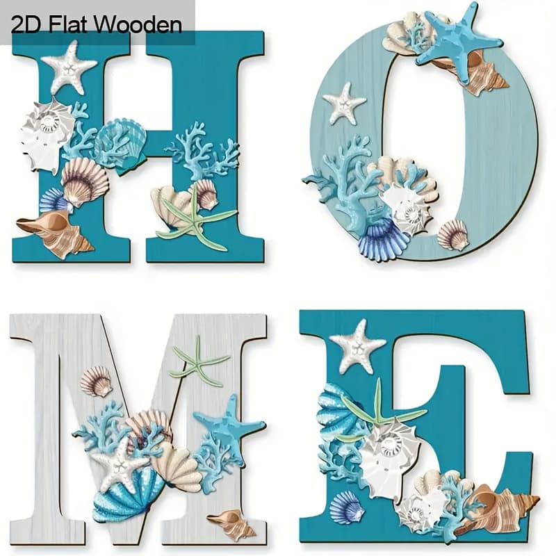 TEMU 2d Flat, Coastal Wooden Home Letters Decor 2d Flat Beach Themed Wall Art With Seashells& Starfish Entryway, 2d Flat