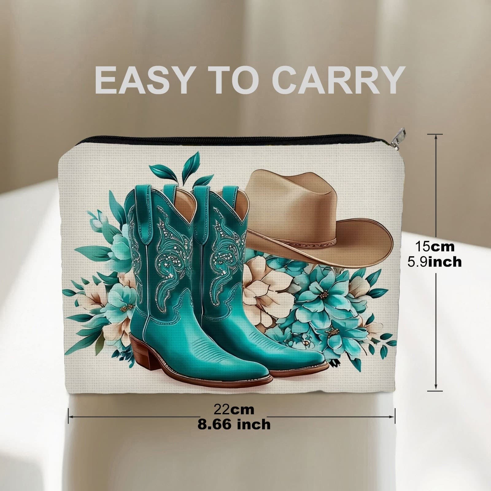 TEMU 1pc Western - Themed Cosmetic Bag, 8.66in*5.9in Double - Sided Style, Polyester Material, Artistic , Ideal For Beauty Enthusiasts, Perfect For Travel & Storage, Teal Cowboy Boots Pattern