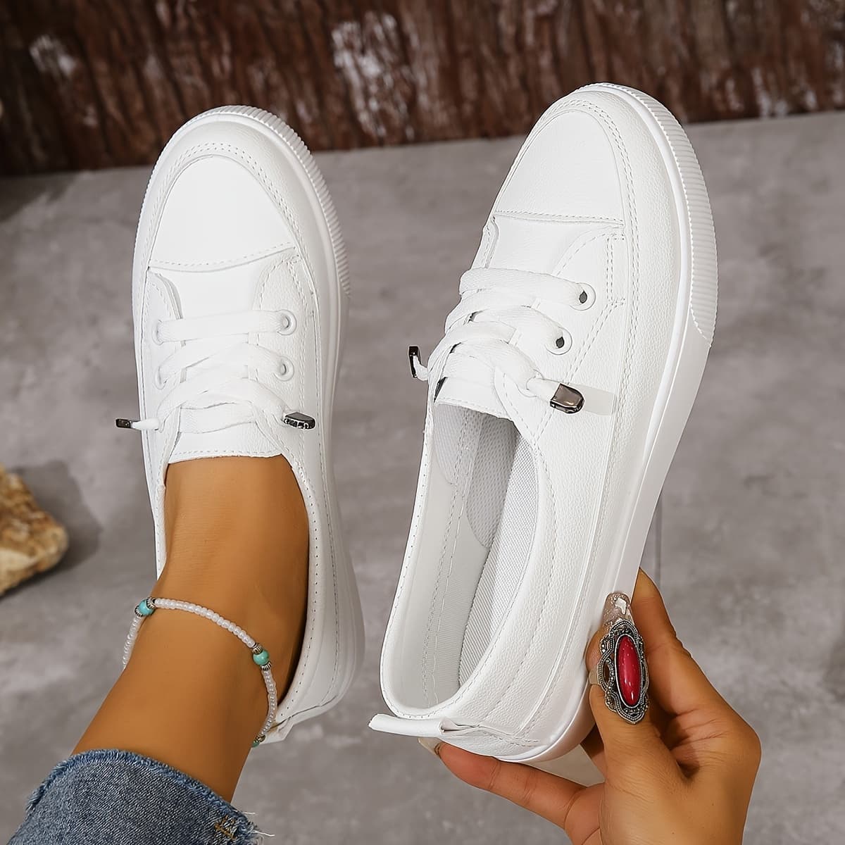TEMU Women' White Low-top Sneakers - Slip-on Skate Style Trainers With Flat Sole & Round Toe, / Upper & Cushioned, All- Casual For Casual Attire, Skating, (hand Washable), Women Shoes