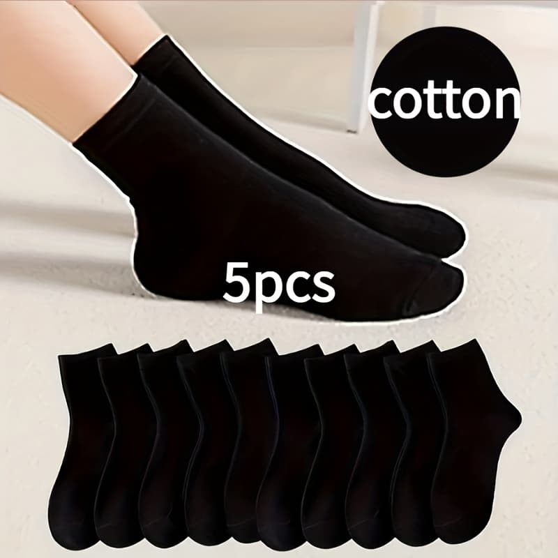 TEMU 5 Pairs/black Spring And Summer Socks Women's Mid-calf Socks Thin Solid Color Comfortable Breathable Versatile