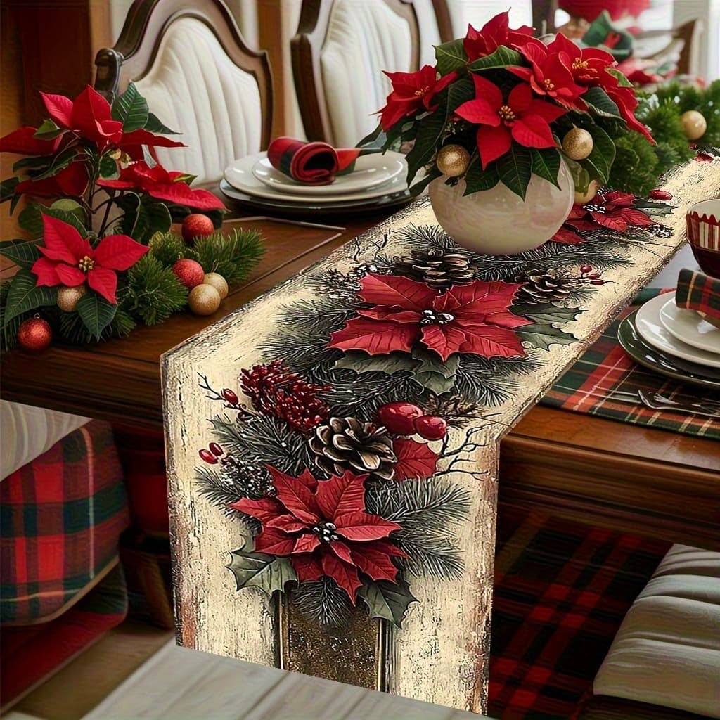 TEMU A Vintage-style Table Runner Featuring Red Poinsettias And Pinecones, Perfect For Holiday Dining Decor During Christmas, New Year, And Winter Celebrations