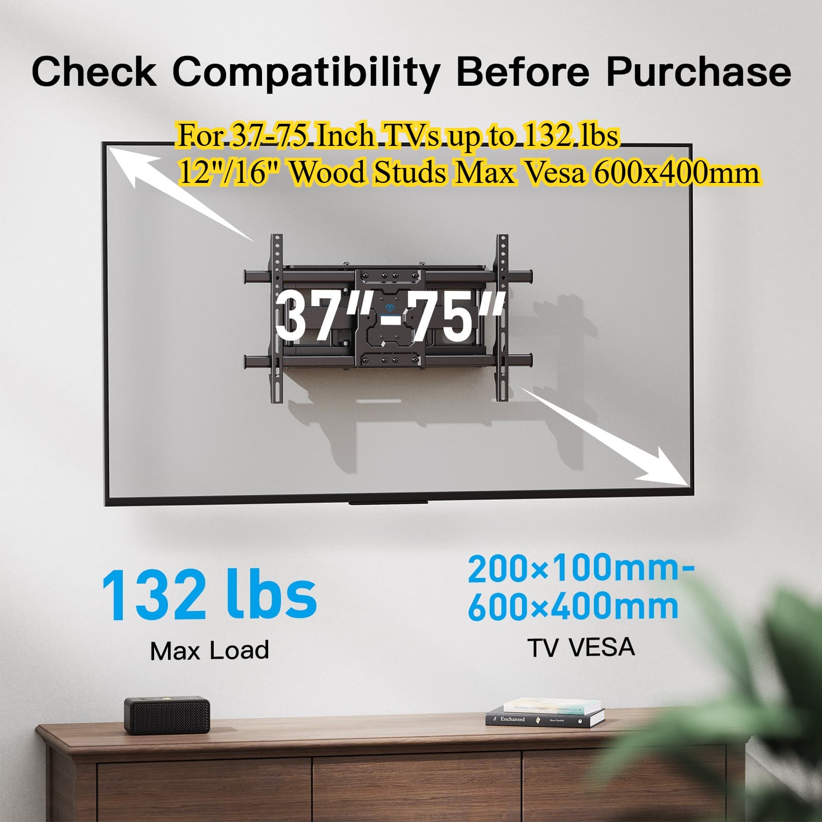 TEMU Office Monitor Stand For 37-75/ 50-90/ 42-98 Inch Tvs Up To 132-150 Lbs, Wall Mount Bracket Fits 12/ 16/ 18/ 24 Inch Wood Studs, Tilt, Max Vesa 600x400mm/ 800x400mm
